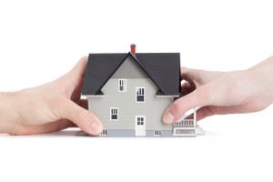Real estate concept - two hands trying to divide house, isolated